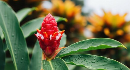 Vibrant red ginger alpinia purpurata flower with water droplets on lush green leaves