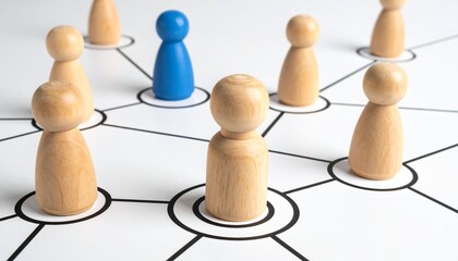 Wooden and blue game pieces on network diagram with circles and lines.