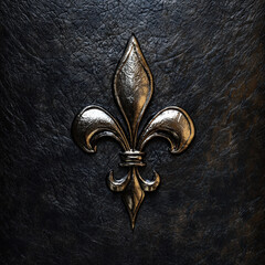 Metallic fleur-de-lis emblem on dark textured leather background
