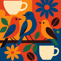 Fototapeta premium Stylized Birds on Branch with Coffee Beans and Cups Illustration.