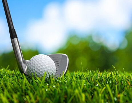Golf club and ball on lush green grass with a blurred background of trees and blue sky