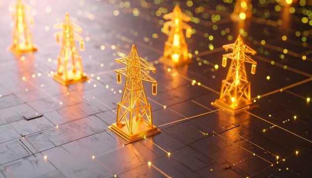 Digital power grid with glowing golden transmission towers and data lines.