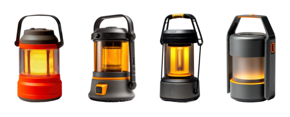 Portable lanterns for camping lighting night, isolated on transparent background, png set