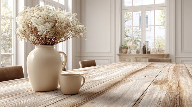 Cozy dining room with rustic wooden table features ceramic vase filled with delicate white flowers and matching mug, creating warm and inviting atmosphere - Powered by Adobe
