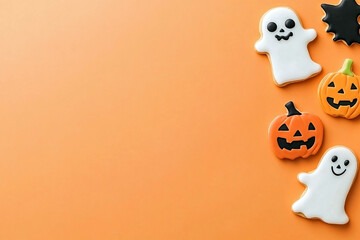 Colorful Halloween cookies decorated with bright icing on an orange background with copy space