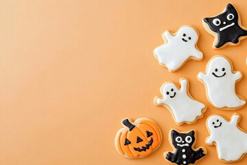 Colorful Halloween cookies decorated with bright icing on an orange background with copy space