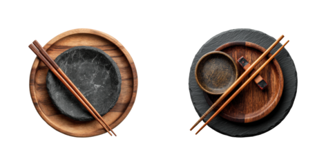 Serving traditional cuisine on elegant wooden plates, isolated on transparent background, png set