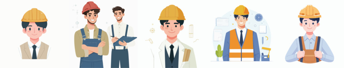 Dedicated and skilled professional cartoon male characters, including construction workers and engineers, ready for industrial and building projects, symbolizing teamwork and expertise