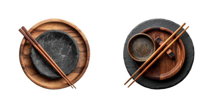 Serving traditional cuisine on elegant wooden plates, isolated on transparent background, png set