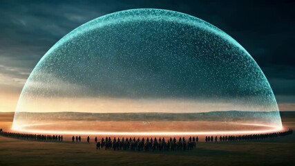 A futuristic energy shield protects a gathering of people under a sky beam