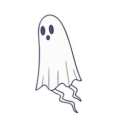 Simple cartoon illustration of a friendly white ghost with purple eyes and mouth