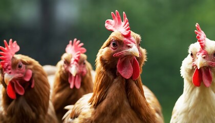 Fototapeta premium Four chickens with distinct colors gather closely, showcasing their vivid red combs and wattles. The setting is simple and focuses on the birds' features and personalities.