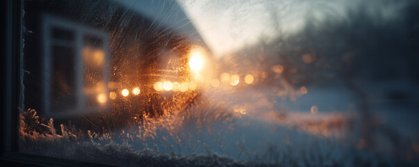 A serene winter evening unfolds as a snow-covered cabin comes into view through frosty glass. Warm, inviting light spills from within, creating a comforting glow that contrasts beautifully with the co
