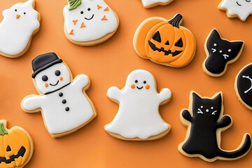 Cute Halloween cookies shaped like ghosts, bats, and pumpkins with colorful icing on an orange background