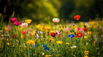 Naklejka premium A vibrant meadow filled with colorful wildflowers, showcasing an array of blooms in various shades under a sunny backdrop.