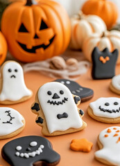 Festive iced sugar cookies on orange surface with jack-o-lantern decor and pumpkins in background, Halloween baking