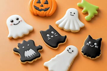 Ghost and cat Halloween cookies decorated with black and white icing, smiling faces on an orange background