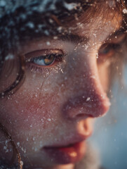 A young woman stands gracefully in a tranquil snowy landscape, her eyelashes adorned with delicate melting snowflakes. She embodies a soft winter glow, illuminating the serene atmosphere of a peaceful
