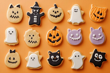 Halloween sugar cookies decorated with colorful icing in shapes of ghosts, pumpkins, cats, and monsters on an orange background