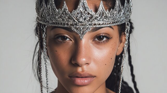 A close-up of a woman wearing an ornate silver crown, with detailed facial features and braided hair