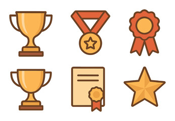 Golden trophy medal ribbon certificate and star symbols on brown background