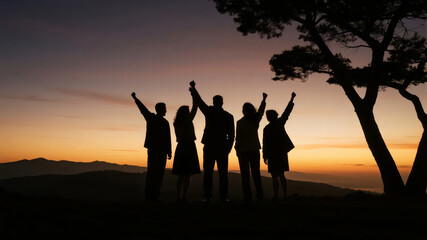 Corporate culture team building silhouette sunset success celebration background