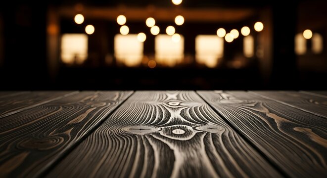 Rustic Wooden Table with Soft Bokeh Lights