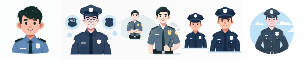 Collection of professional vector illustrations featuring various police officers, symbolizing law enforcement, community safety, and dedicated service