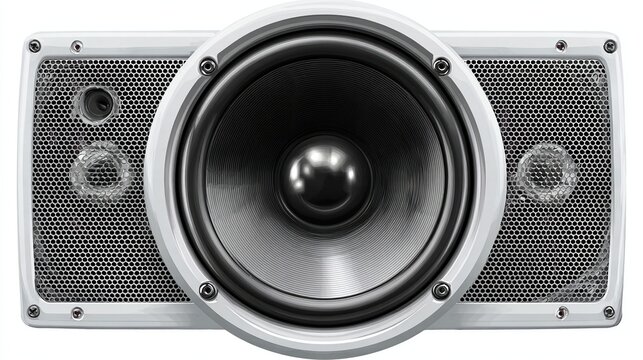 Close-up of a white rectangular audio speaker, featuring a large central cone and two smaller side components