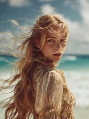 Beautiful blonde woman standing by the sea with wind in her hair. Soft tones, natural light and cinematic elegance create a romantic mood.

