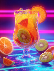 Vibrant cocktail with citrus fruits, ice cubes and neon reflections. Colorful nightlife mood expressing energy, freshness, and tropical fun.
