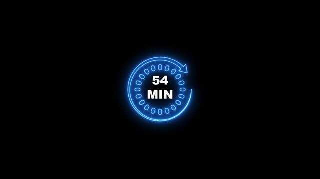 Blue Neon Countdown Timer Showing 54 Minutes On A Dark Black Background clock