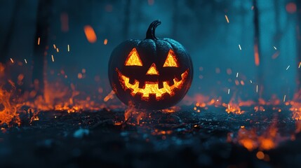 Glowing jack o' lantern sits in a dark fiery forest with sparks and embers floating
