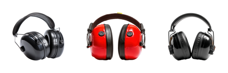 Protective ear muffs for noise reduction, isolated on transparent background, png set