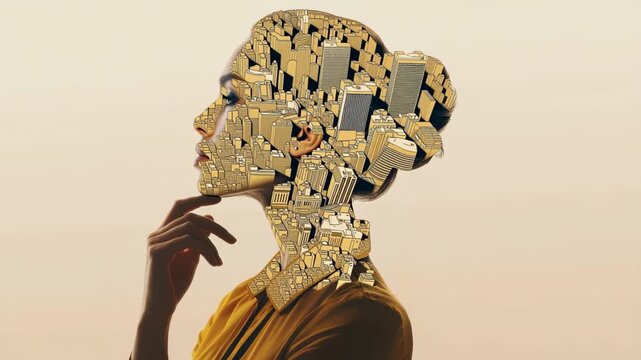 Woman practicing emotional intelligence and self-reflection with double exposure effect showcasing urban landscape