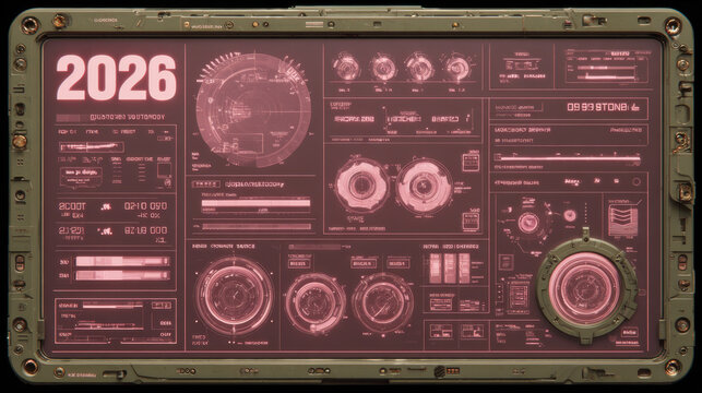 Futuristic digital interface with various data displays and controls, featuring prominent 2026 label. design includes circular dials, graphs, and technical readouts in high tech style