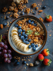 Healthy breakfast bowl with banana slices, blueberries, and granola on a rustic table. Natural light and balanced composition reflect wellness and freshness.
