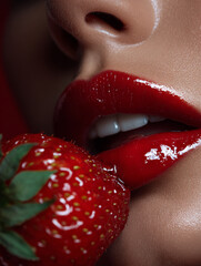 Sensual close-up of glossy red lips biting a fresh strawberry. Vibrant color contrast, passion, and temptation in a bold composition.

