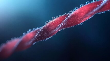 Intricate red filament entwined with shimmering water droplets, hinting at science, medicine, or delicate textures in a mesmerizing macro view.