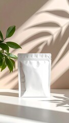 Minimalist White Pouch Packaging Mockup with Plant and Shadow.