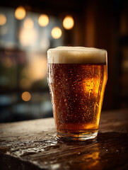 Glass of golden beer with foam in evening light, standing on a wooden table outdoors. Warm tones and soft bokeh create a cozy, friendly mood.
