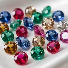 Mesmerizing Macro Close-Up: Shimmering Gemstones on a Silky Surface Radiate Vivid Colors and Intricate Textures in Exquisite Detail, Timeless Elegance