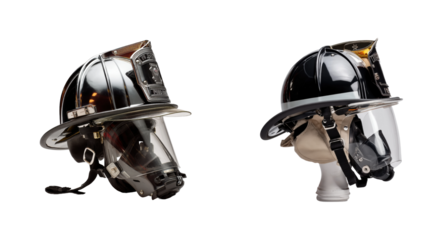 Firefighter helmets display fire station product, isolated on transparent background, png set