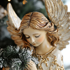 Christmas angel figurine with golden wings holding frosted pine branch