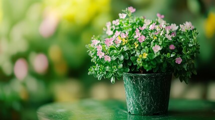 Naklejka premium Delicate pink flowers blooming in a decorative pot create a charming, peaceful atmosphere perfect for garden decor or springtime designs.