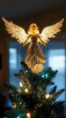Glowing Christmas angel topper on decorated tree