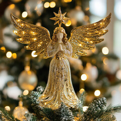 Golden angel tree topper with glowing wings and star
