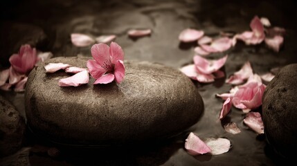 Delicate pink petals on smooth stones for tranquil nature imagery