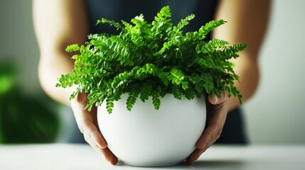 Nurturing vibrant green fern plant in a modern white pot, bringing fresh natural beauty into any home or office space