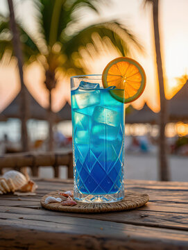Blue Lagoon Cocktail, Angelo azzurro cocktail in tall glass on the table in the beach bar